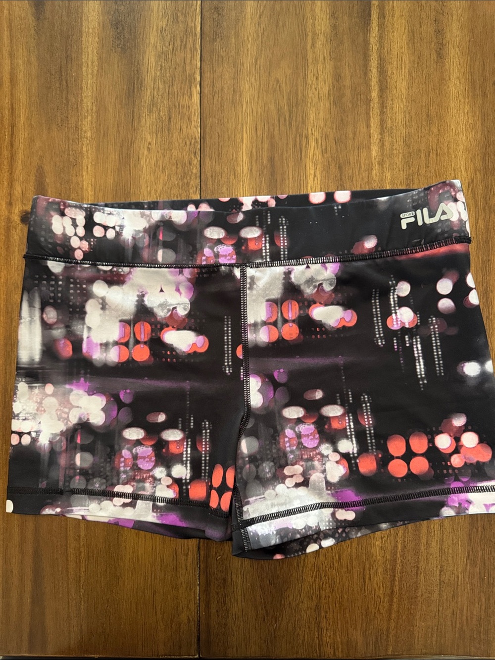 FILA Black Bike Shorts with Pink & Purple Dot Print